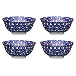 KitchenCraft Set of 4 Glazed Stoneware Bowls with Geometric Floral Pattern, Blue & White Ceramic Bowls with Footed Base, Microwave & Dishwasher Safe, 15.7 cm (6") Blue Floral, POKCBOWL26