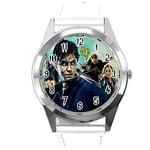 White Leather Round Quartz Watch for Wizards Fans E3
