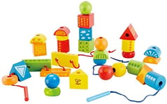 Hape String-Along Shapes | Classic 32 Piece Wooden Block Stacking Game, Multi-Coloured Lacing Toy