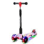 YL2SC Kids 3 Wheel Kick Scooter One-Click Folding with Flashing LED Lights And Music Double Rear Wheel Elastic Brake Pads Four Gear Height Adjustment for Girls & Boy,B