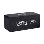 Yalatan Digital Wooden Alarm Clock with Wireless Charging 3 Alarms LED Display Sound Control and Snooze Dual for Bedroom, Bedside, Office(Black)