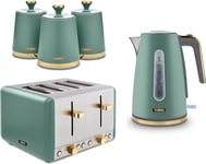Green Kettle Toaster Canister Set 4 Slice 1.7L 3kW Jug Tower Cavaletto Jade Gold