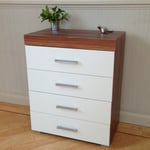 Chest of 4 Drawers & 1 Drawer Bedside Table in White & Walnut Bedroom Furniture