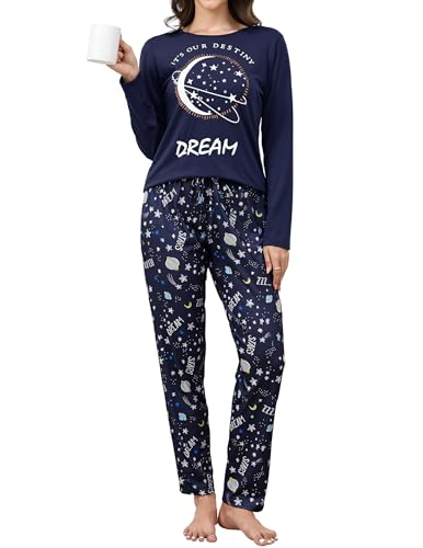 Ensemble Pyjama Femme Automne Et Hiver Nouveau Avec Motif Ciel Étoilé Bleu, Haut à Manches Longues Et Col Rond Et Pantalon, Vêtements De Nuit Et * Pour Femmes