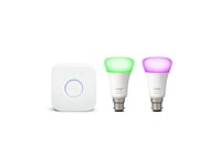 Philips Hue White and Colour Ambiance Mini Starter Kit [B22 Bayonet Cap] Includes 2 Smart LED Bulbs and the Hue Bridge, Compatible with Alexa, Google Assistant and Apple HomeKit
