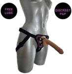 Strap On Kit 7 Inch Realistic FLESH Dildo with Balls + PURPLE Harness Sex Toy
