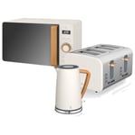 Swan STRP1061WHTN, Nordic Kitchen Bundle with 1.7 Litre Jug Kettle, 4 Slice Toaster and 800W Microwave, Wood Effect Handle, Soft Touch Matte Finish, Cotton White