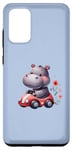 Coque pour Galaxy S20+ Adorable hippopotame de dessin animé conduisant une voiture rouge, fond bleu.