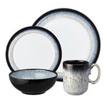 Denby - Halo Dinner Set For 4 - 16 Piece Tableware - Dishwasher Microwave Safe Stoneware Crockery - Reactive Glaze, Black, Grey - 4 x Dinner Plate, 4 x Small Plate, 4 x Cereal Bowl, 4 x Coffee Mugs