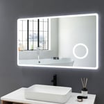 Meykoers Miroir de salle de bain Illumination avec horloge 100x60cm Dimmable lumineux Mural Miroir Led avec 3x Loupe Interrupteur Tactile