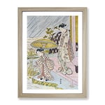 Admiring An Iris In The Rain By Harunobu Suzuki Asian Japanese Framed Wall Art Print, Ready to Hang Picture for Living Room Bedroom Home Office Décor, Oak A3 (34 x 46 cm)
