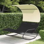 Chaise longue double à bascule | Bain de soleil Fauteuil à bascule avec auvent Noir et crème 98236 - Noir