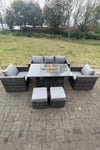 Outdoor PE Rattan Garden Furniture Gas Fire Pit Dining Table Lounge Sofa 2 PC Armchairs Footstools