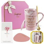 Sometime You Forget You're Awesome, Ceramics Coffee Mug Gift Set, Thank You Gifts, Pink Marble Pattern Cup with Lid, Spoon, Coaster, Greeting Card, Gift Box, Gifts for Wife Sister Mom Friends