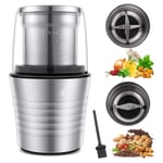 Spice Grinder, Coffee Grinder Electric, Wet and Dry Blender, 2-in-1 Wet and Dry Double Cups 300w Electric Spices and Coffee Bean Grinder Stainless Steel Body and Blades, Silver