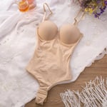 Djup V-ringad sexig sömlös i ett stycke Stora underkläder med öppen rygg Kvinnors korsett U-formad osynlig behå Backless Shapewear Beige M
