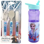 Disney II Frozen 3 Piece Cutlery Set – Metal, Reusable Children's Knife, Kids-Size, 18/8 & Frozen Water Bottle with Straw – Reusable Kids 600ml PP – in Purple – Official Merchandise by Polar Gear