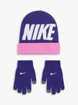 Nike Kids' Wordmark Colourblock Beanie & Gloves Set, Purple