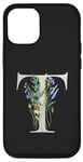 Coque pour iPhone 15 Lettre T florale en titane noir personnalisable