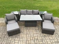 Outdoor Rattan Furniture Sofa Garden Dining Sets Adjustable Rising lifting Table and Chair Set With 2 Side Tables