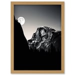 Moonrise by Half Dome in Yosemite National Park High Contrast Black White Photograph Full Moon and Mountain Forest Landscape Artwork Framed Wall Art P