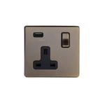 Antique Brass 13A 1 Gang Double Pole Switched USB Plug Socket (USB Output 2.1amp)