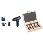 Bosch Professional 12V System Cordless Combi Drill GSB 120-LI (incl. 2x2.0 Ah Battery, Fast Charger GAL 1210 CV, Carrying Case) + 5-Piece Forstner Drill Bit Set (for Wood, Ø15/20/25/30/35 mm, l 90 mm)