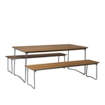 Grythyttan Stålmöbler - Klassikerserien matgrupp med matbord & 2 trädgårdsbänkar teak - Matgrupper utomhus