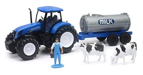 New Ray- Tracteur New Holland T7.270 + CITERNE A Lait avec 1 Personnage ET 2 Vaches Miniature, 05523 A, Vert