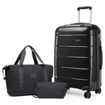 Kono Luggage 3 Piece Sets Carry On Suitcase 55x40x20 Cabin Hand Luggage with Travel Bag and Toiletry Bag Lightweight Polypropylene Travel Trolley Case with Secure TSA Lock (BK, Luggage Set of 3PCS)