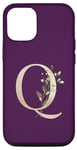 Coque pour iPhone 12/12 Pro Lettre Q élégante en feuille d'or monogramme couleur prune avec motif floral