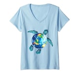 Womens Save The Planet Turtle Recycle Ocean Environment Earth Day V-Neck T-Shirt