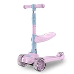 NEWCURLER 2-in-1 Kick Scooter with Removable Seat Great Adjustable Height w/Extra-Wide Deck PU Flashing Wheels for Children from 2-14 Years Old Folding scooter,Pink
