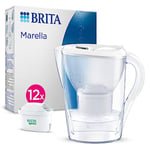 BRITA Marella Water Filter Jug Annual Pack - White (2.4L) incl. 12x MAXTRA PRO All-in-1 cartridge - fridge-fitting jug with digital LTI and Flip-Lid - now in sustainable Smart Box packaging