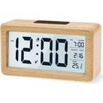 Réveil numérique, horloge de chevet en bois avec grand écran LCD rétroéclairé, température, fonction Snooze, capteur de luminosité, 3 piles