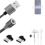 Magnetic charging cable + earphones for Asus ROG Phone 6 Pro + USB type C a. Mic