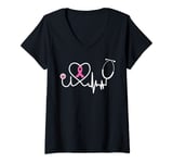 Womens Breast Cancer Pink Ribbon Nurse's Stethoscope Heartbeat EKG V-Neck T-Shirt