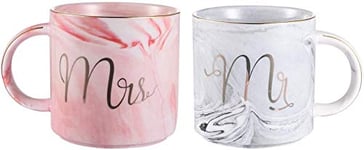 Set of 2 Mr and Mrs Couples Coffee Mugs, Ceramic Marble Coffee Cups Set - Bridal Shower Engagement Wedding Anniversary Valentines Gifts for Couples, Pink and Gray