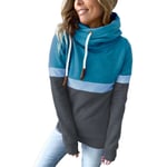 (M-Lake Blue And Dark Grey) Women Hoodie Sweatshirt Colorblock Casual