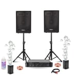 Pack Sono DJ 2 Enceintes Ibiza DISCO12B 2x600W - Pied Support - Ampli Ventilé 2x480W - 2 Machines Bulles LED BUBBLE-DREAM - Câbles