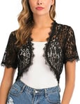 Boléro Femme Dentelle Gilet Court Mariage Manche Courte Elégant Veste Ouverte Chic pour Robe Bretelle, Noir, L
