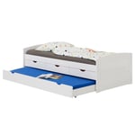 Lit gigogne jessy lit enfant fonctionnel avec tiroir-lit et rangements 3 tiroirs, couchage 90 x 200 cm, en pin massif lasuré blanc - Blanc