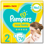 Pampers New Baby Size 2 Nappy 4-8Kg Topsheet Stretchy - Jumbo+ Pack 76 Nappies