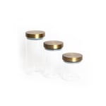 3pc Glass Storage Jar Set with Burnished Brass Lids, includes Small, Medium and Large Storage Jars