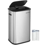 SONGMICS Kitchen Bin 50L, Sensor Bin, Automatic Rubbish Bin with Soft-Close Lid and Bag Retainer Ring, Stainless Steel Waste Bin, 15 Rubbish Bags Included, Silver LTB610E50