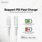 Busy Lightning till USB-C Laddkabel MFI Vit nylonflätade 1.2m