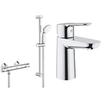 GROHE Precision Flow - Wall Mounted Thermostatic Mixer Shower Set, Chrome, 34841000 & BauEdge - Smooth Body Single-Lever Basin Mixer Tap, Size 144mm, Chrome, 23330000