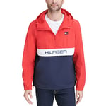 Tommy Hilfiger Men's Lightweight Taslan Hooded Popover Windbreaker Jacket, Red/Navy Color Block, M
