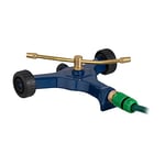 Relaxdays 2-Arm Sprinkler, with Wheels, Spray Radius 4-5 m, Adjustable Jets, 3/4'' Connector, 10x27.5x26 cm, Blue/Gold, 50% metal 30% copper 20% plastic