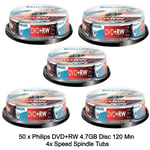 50 Philips DVD+RW 4.7GB Disc 120Min 4x Speed Spindle Tub Rewritable Blank Discs